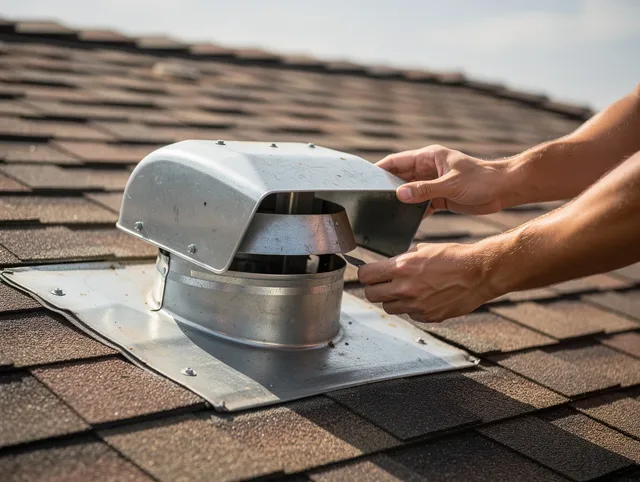 Chino Hills Dryer Vent Cleaning certified technician safely cleaning a roof-mounted dryer vent in Chino Hills