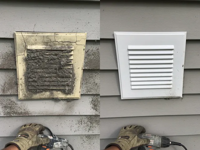 Chino Hills Dryer Vent Cleaning technician installing high-quality dryer vent cover at a residential property in Chino Hills
