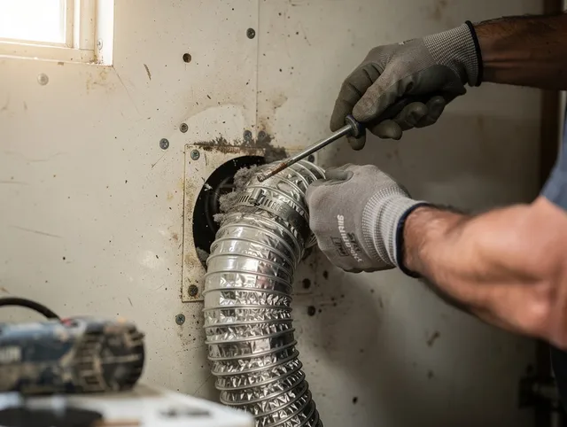 Chino Hills Dryer Vent Cleaning technician performing precise dryer vent hose installation in Chino Hills